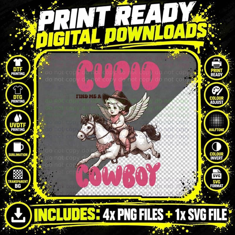 Cupid Find Me a Cowboy Cherub on White Horse with Pink Png SVG Digital Bundle