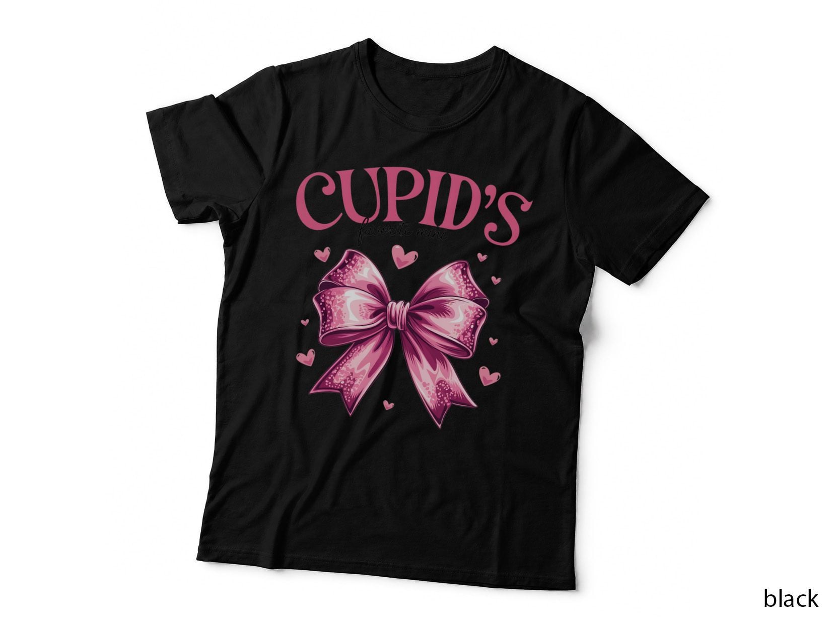 Cupid's Favorite Mini Pink Glitter Bow with Hearts Sparkly Cute T-Shirt