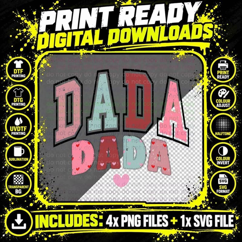 Dada Stitched Multicolor Letters Hearts Valentine Png SVG Digital Bundle