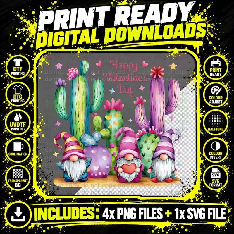 Desert Gnomes Happy Valentine's Day Cacti with Hearts Png SVG Digital Bundle