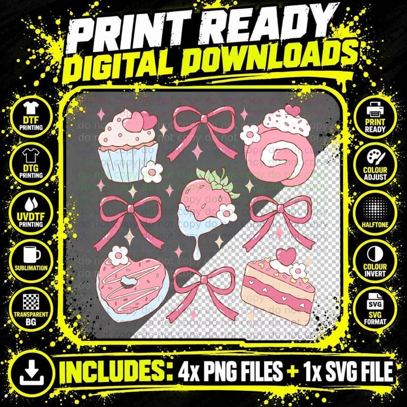 Desserts Cupcakes Bows Strawberry Donuts Pink Sweet Png SVG Digital Bundle