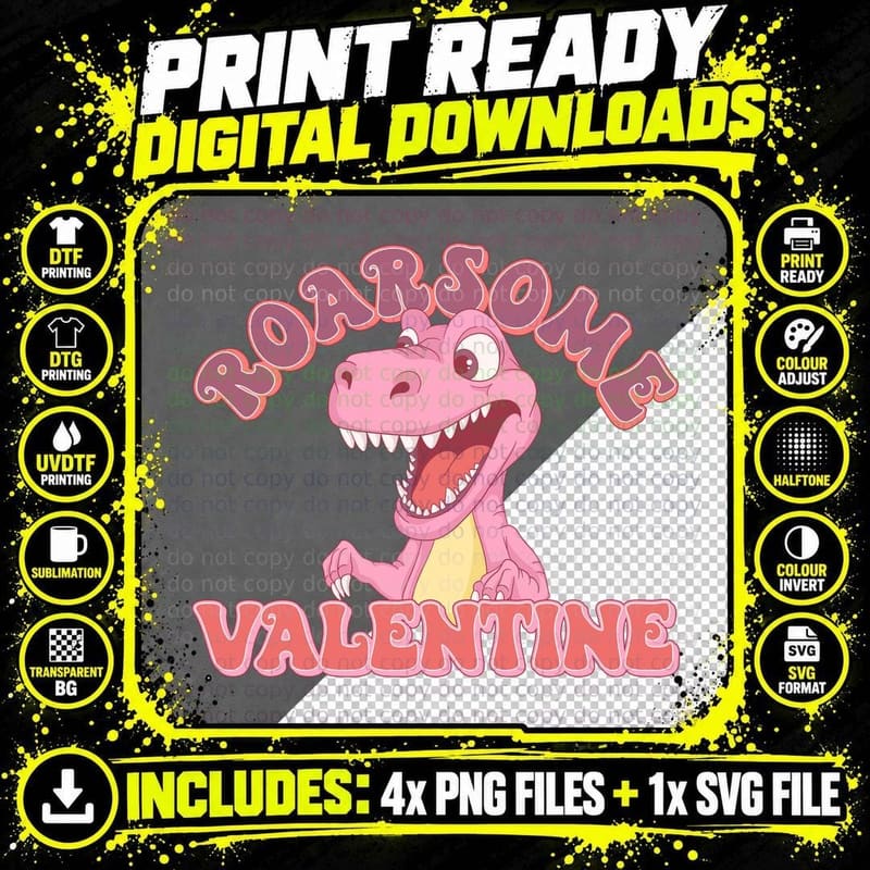 Dinosaur Valentine Pink T-Rex Heart Playful Whimsy Png SVG Digital Bundle
