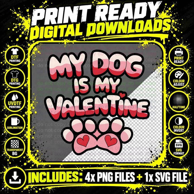 Dog Valentine My Is Paw Prints Heart Outline Pet Lover Png SVG Digital Bundle