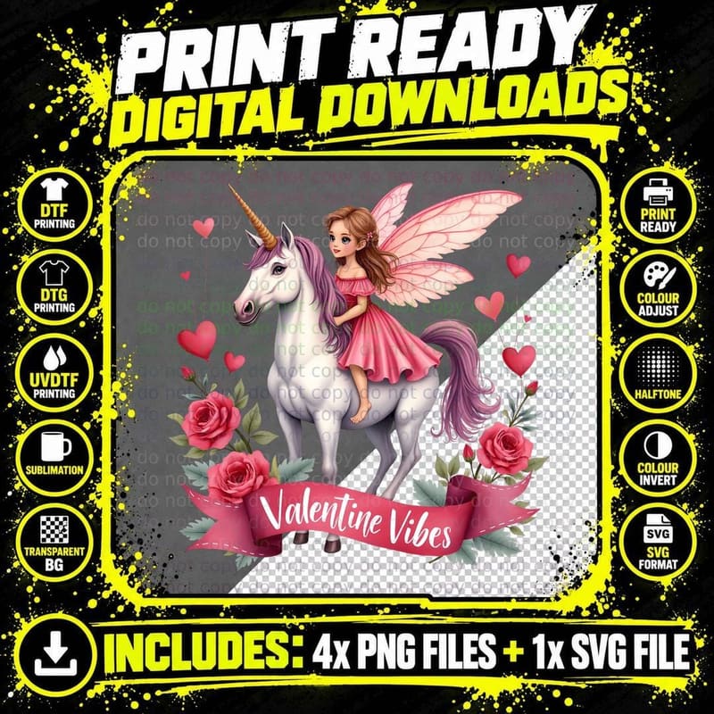 Fairy Unicorn Valentine Vibes Vintage Girl Roses Pink Png SVG Digital Bundle