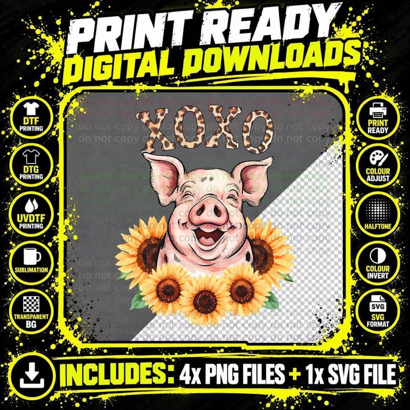 Farm Love XOXO Cute Pig with Golden Sunflowers Animal Png SVG Digital Bundle