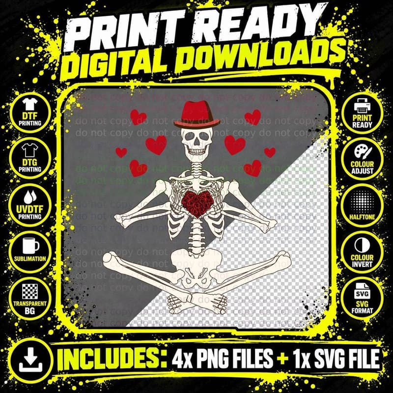 Floral Heart Skelrton Valentine T-Shirt Png SVG Digital Bundle