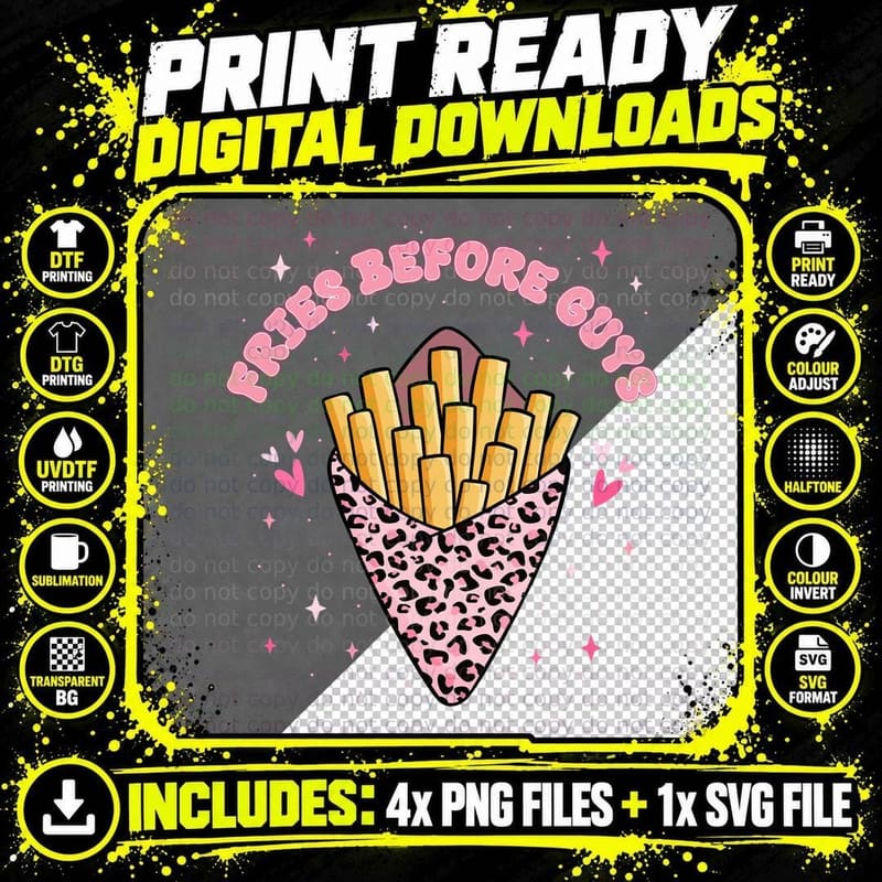 Fries Before Guys Pink Leopard Design Humorous T-Shirt Png SVG Digital Bundle