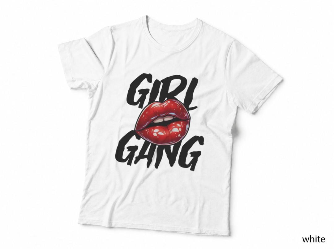 Girl Gang Ghing Glossy Red Lips Black Text Edgy T-Shirt