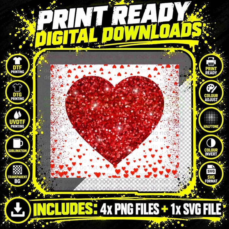 Glitter Heart Red Confetti White Background T-Shirt Png SVG Digital Bundle