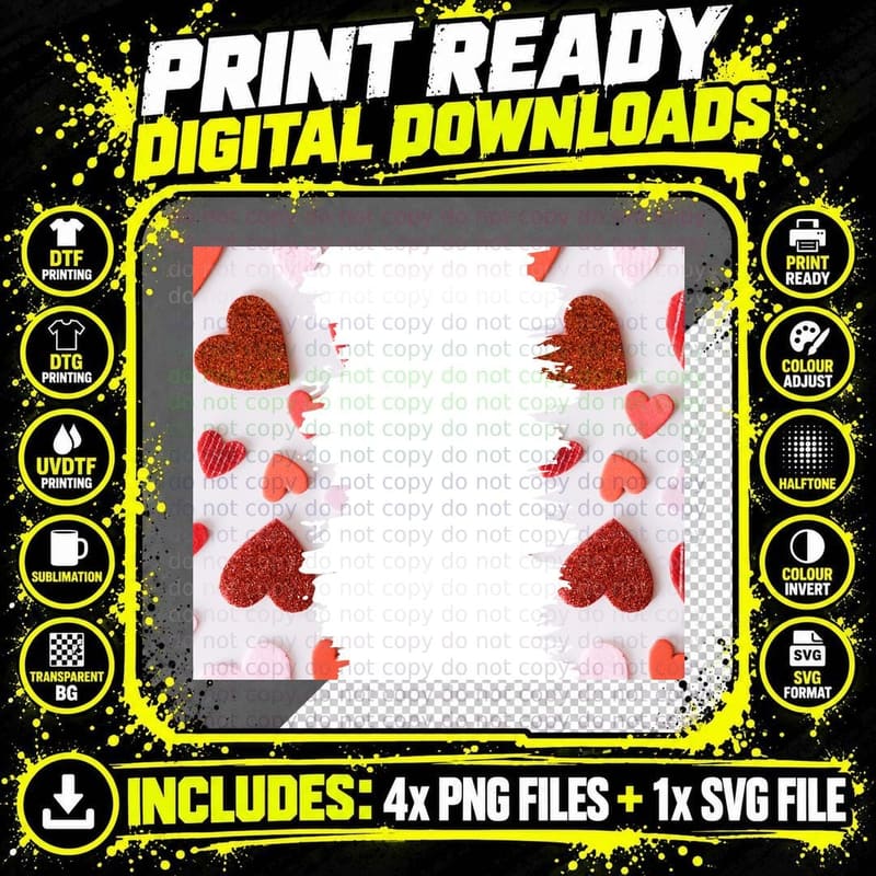 Glitter Hearts Orange Coral Red White T-Shirt Png SVG Digital Bundle