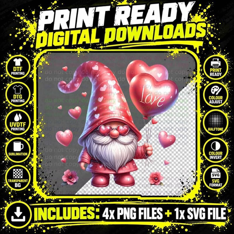 Gnome Balloon with Cone Hat Love Pink Playful T-Shirt Png SVG Digital Bundle