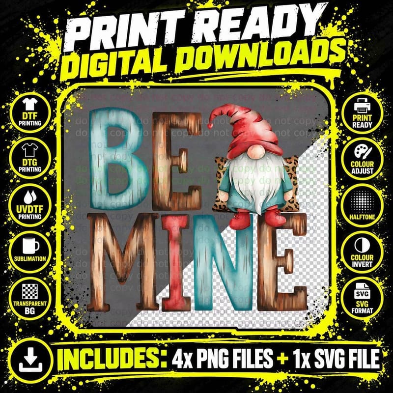 Gnome Be Mine Garden with Colorful Striped Text Cute Png SVG Digital Bundle
