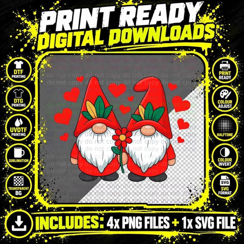 Gnome Couple Two Gnomes with Flowers Cute T-Shirt Png SVG Digital Bundle