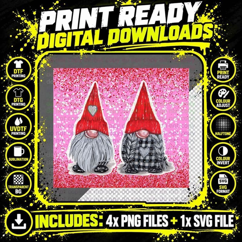 Gnome Couple Valentine Red Glitter Pink T-Shirt Png SVG Digital Bundle