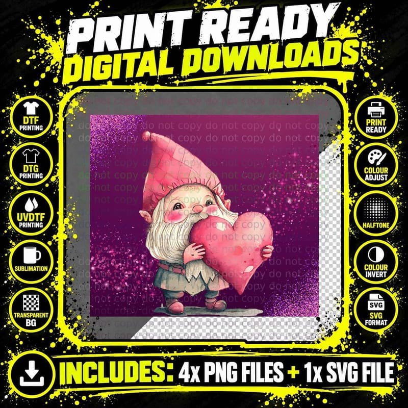 Gnome Heart Pink Glitter Purple Romantic T-Shirt Png SVG Digital Bundle