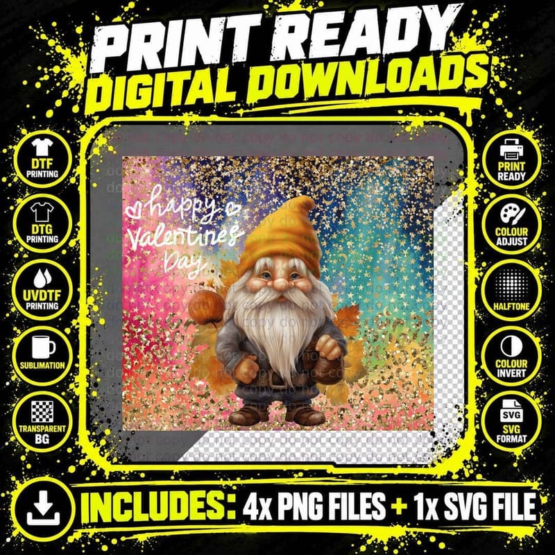 Gnome Holiday Happy Valentines Day Yellow Gold Glitter Png SVG Digital Bundle