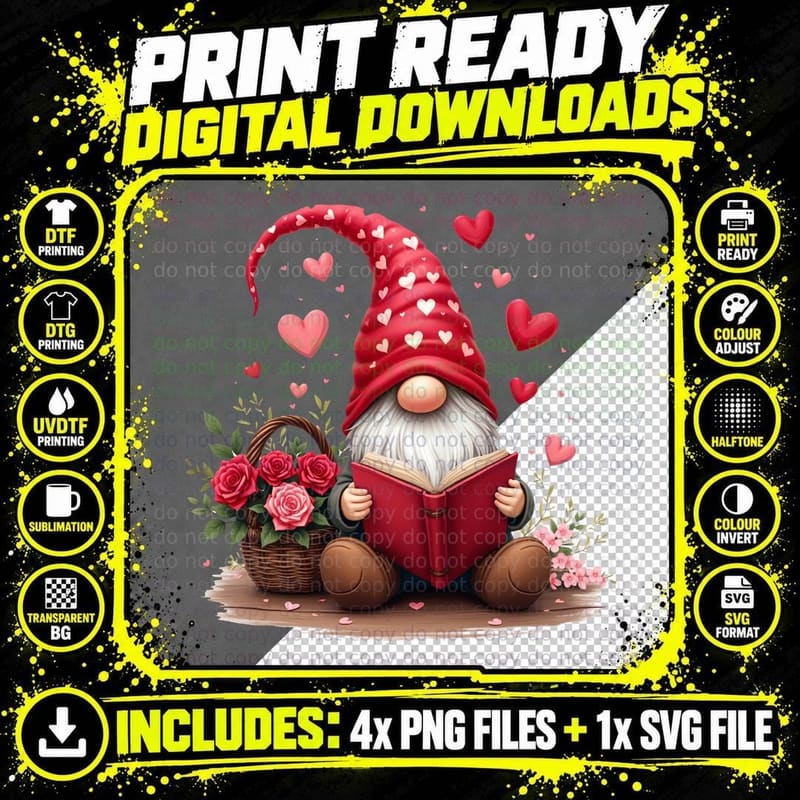 Gnome Illustrated Love Book Red Hat Flowers T-Shirt Png SVG Digital Bundle
