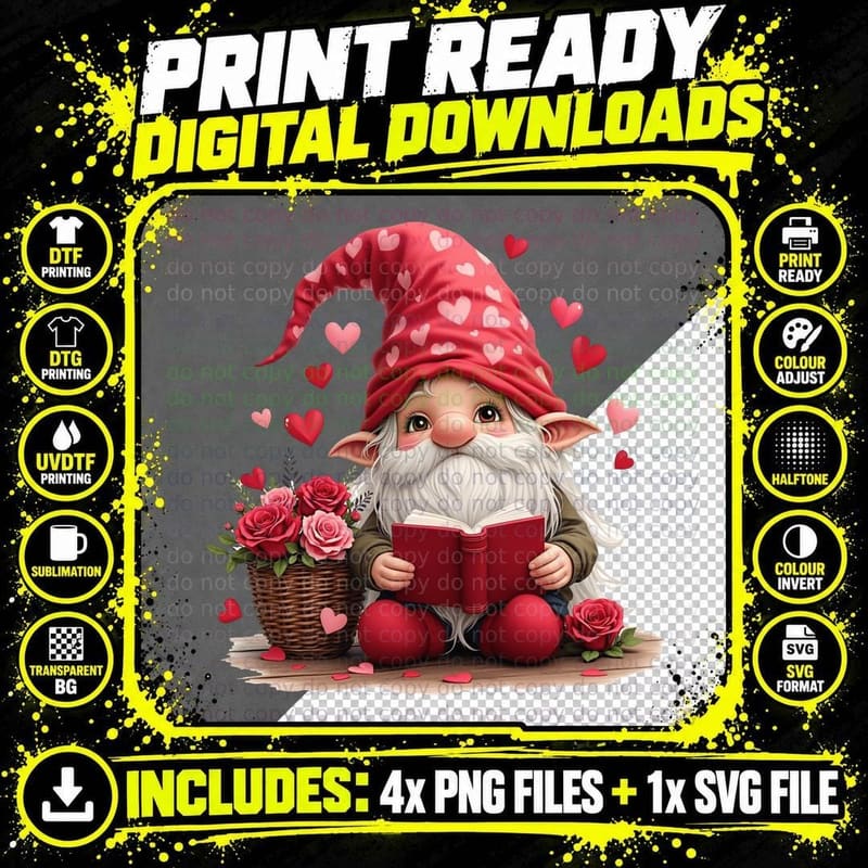 Gnome Illustrated Love Book Red Hat Romantic 02 T-Shirt Png SVG Digital Bundle