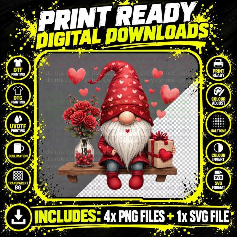 Gnome Illustrated Love Gift Red Hat Flowers 02 T-Shirt Png SVG Digital Bundle