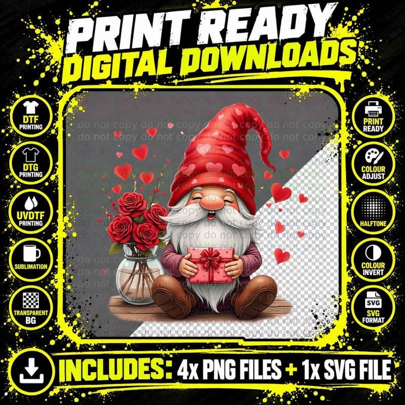 Gnome Illustrated Love Gift Red Hat Flowers T-Shirt Png SVG Digital Bundle