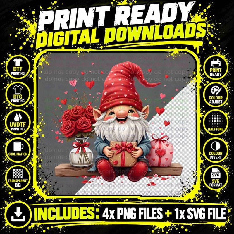 Gnome Illustrated Love Gift Red Hat Roses 02 T-Shirt Png SVG Digital Bundle