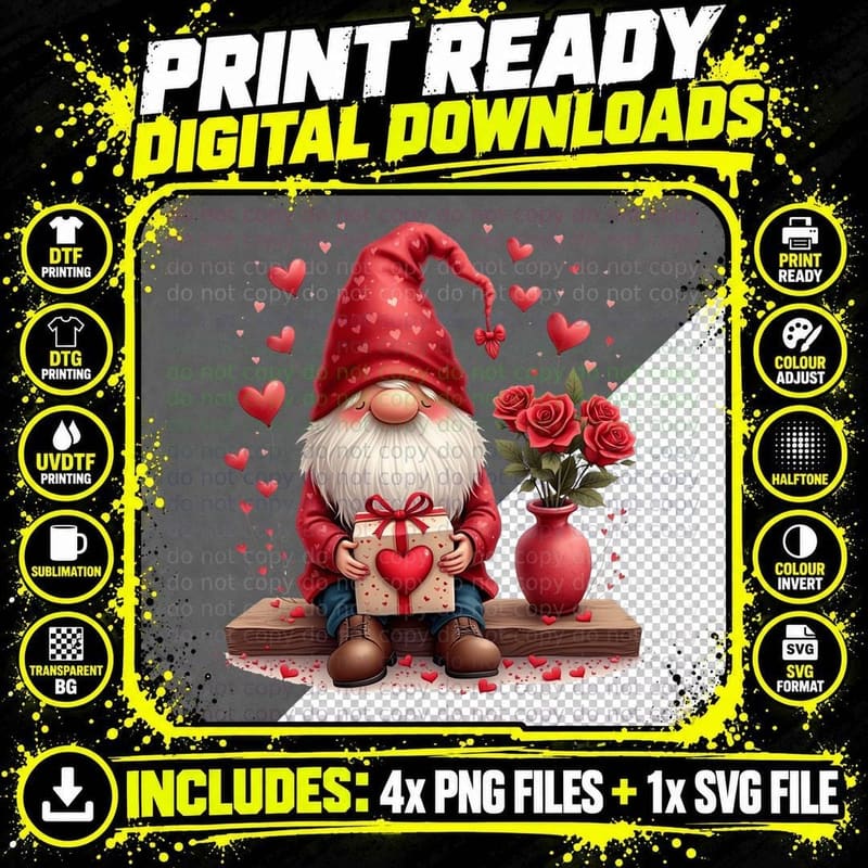 Gnome Illustrated Love Gift Red Hat Roses 03 T-Shirt Png SVG Digital Bundle