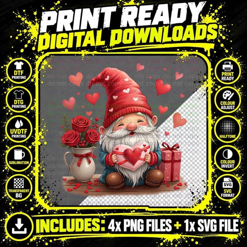 Gnome Illustrated Love Heart Red Hat Romantic T-Shirt Png SVG Digital Bundle