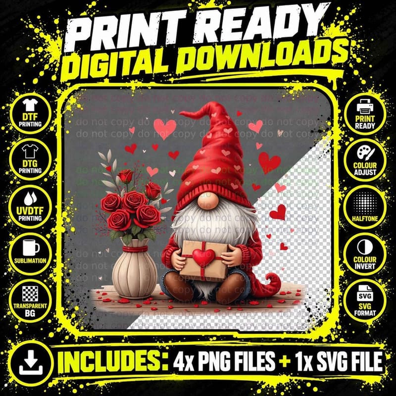 Gnome Illustrated Love Holding Heart Red Hat T-Shirt Png SVG Digital Bundle