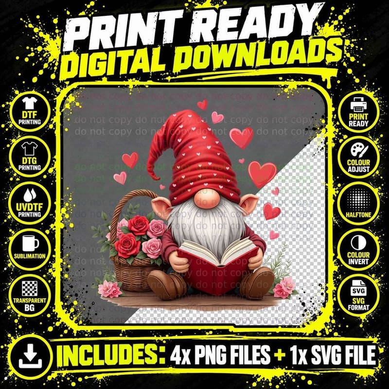 Gnome Illustrated Love Reading Book Red Hat 02 T-Shirt Png SVG Digital Bundle