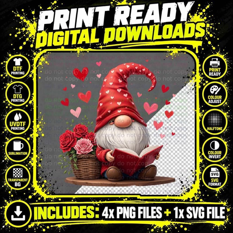 Gnome Illustrated Love Reading Book Red Hat T-Shirt Png SVG Digital Bundle