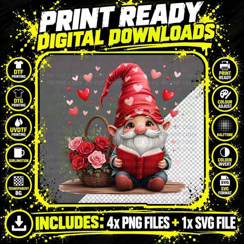Gnome Illustrated Love Reading Red Hat Flowers T-Shirt Png SVG Digital Bundle