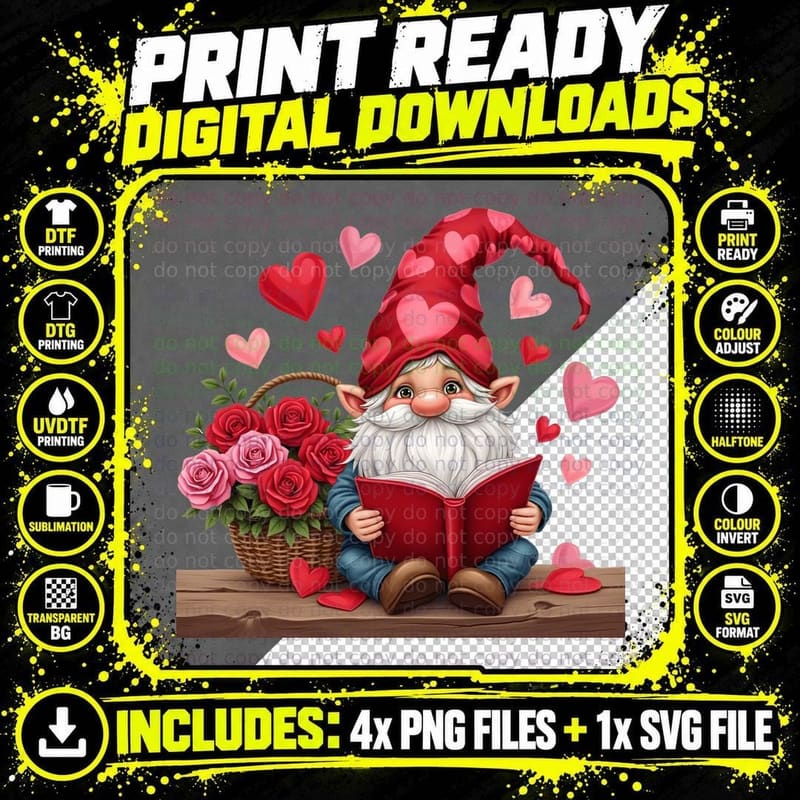 Gnome Illustrated Love Reading Red Hat Romantic T-Shirt Png SVG Digital Bundle