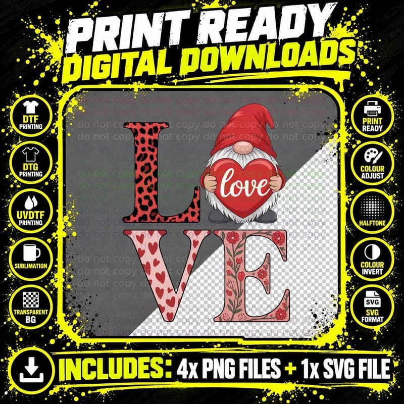Gnome Love I've Heart Patterns Whimsical T-Shirt Png SVG Digital Bundle