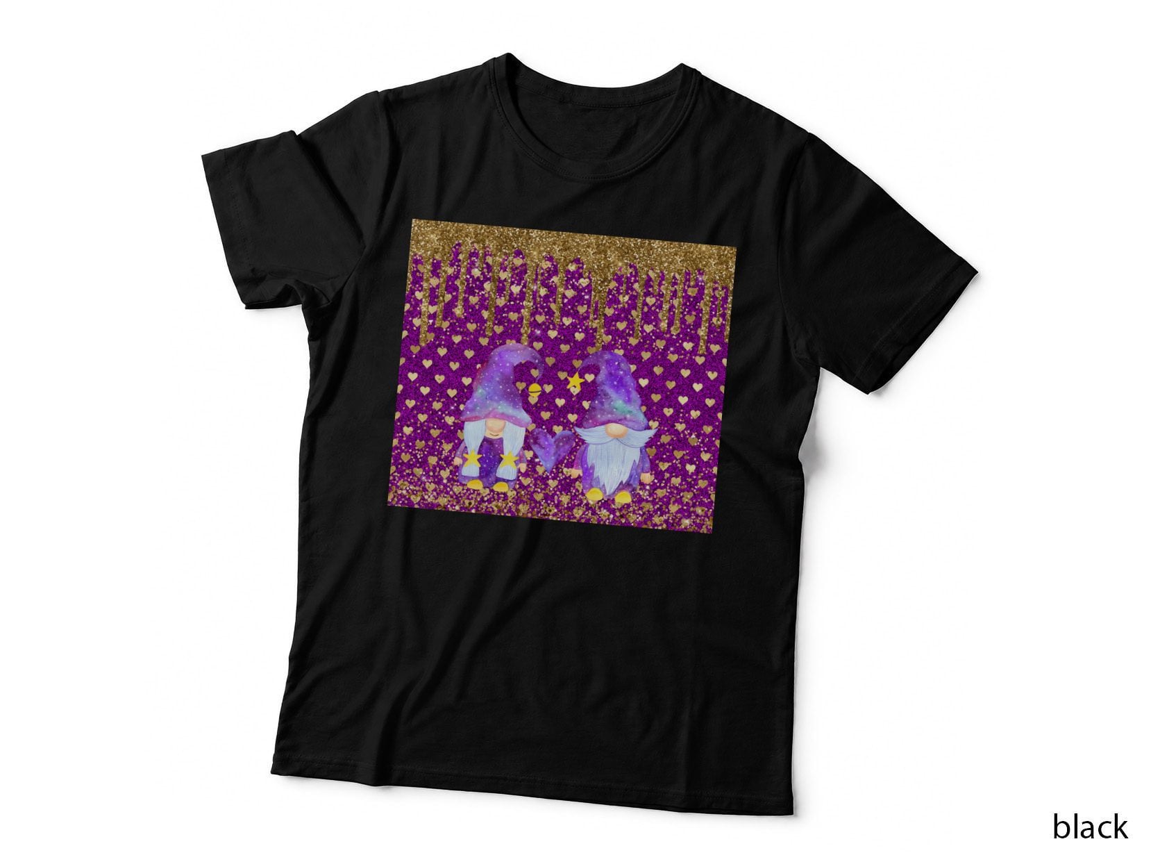 Gnome Love Purple Gold Glitter Hearts Magical T-Shirt
