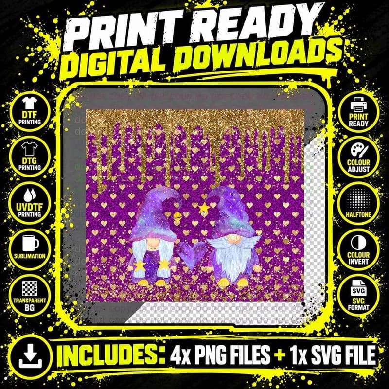 Gnome Love Purple Gold Glitter Hearts Magical T-Shirt Png SVG Digital Bundle