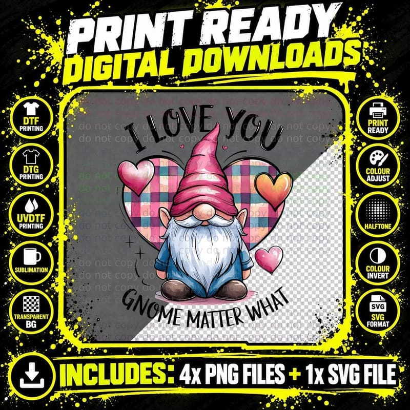 Gnome Pun I Love You Matter What with Checkered Hearts Png SVG Digital Bundle