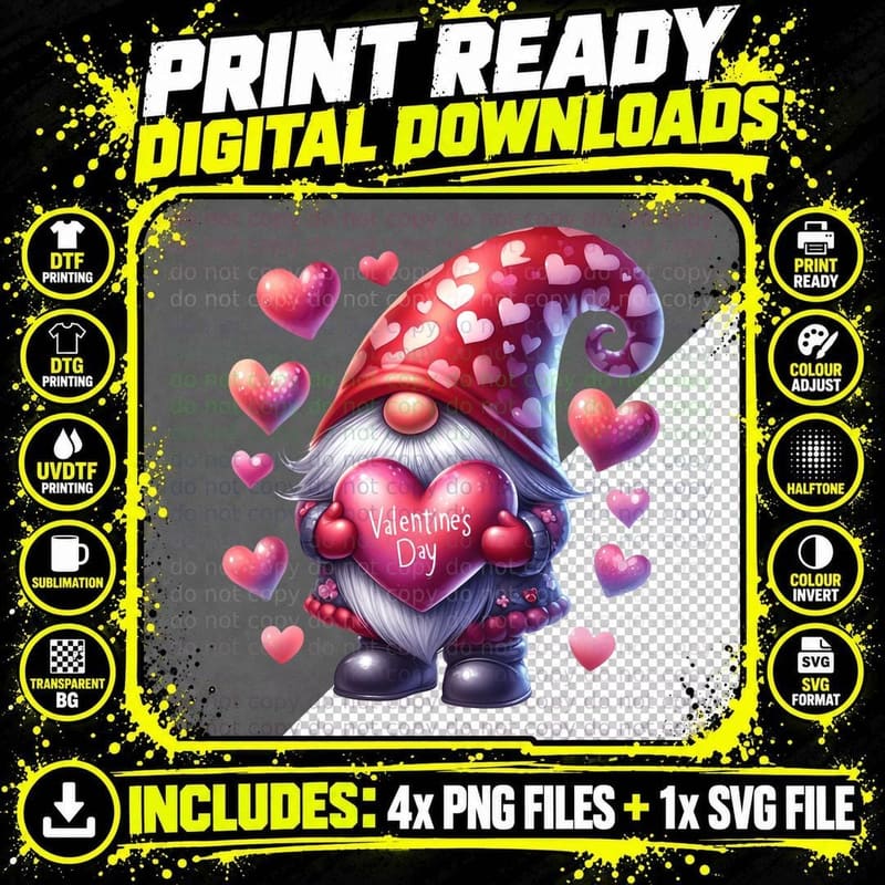Gnome Valentine Valentines Day with Heart Chest Pink and Png SVG Digital Bundle