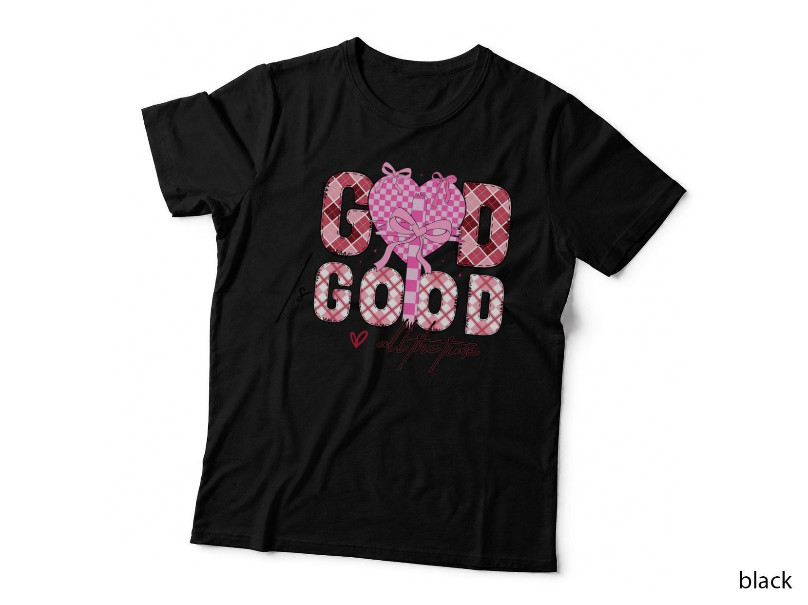 Good All the Time Checkered Hearts with Bows Pink Multicolor T-Shirt