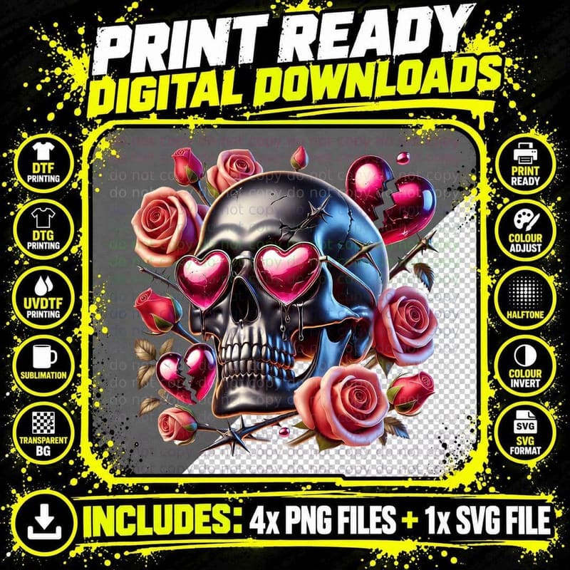 Gradient Skull Multicolor Pink Roses Gold Hearts T-Shirt Png SVG Digital Bundle
