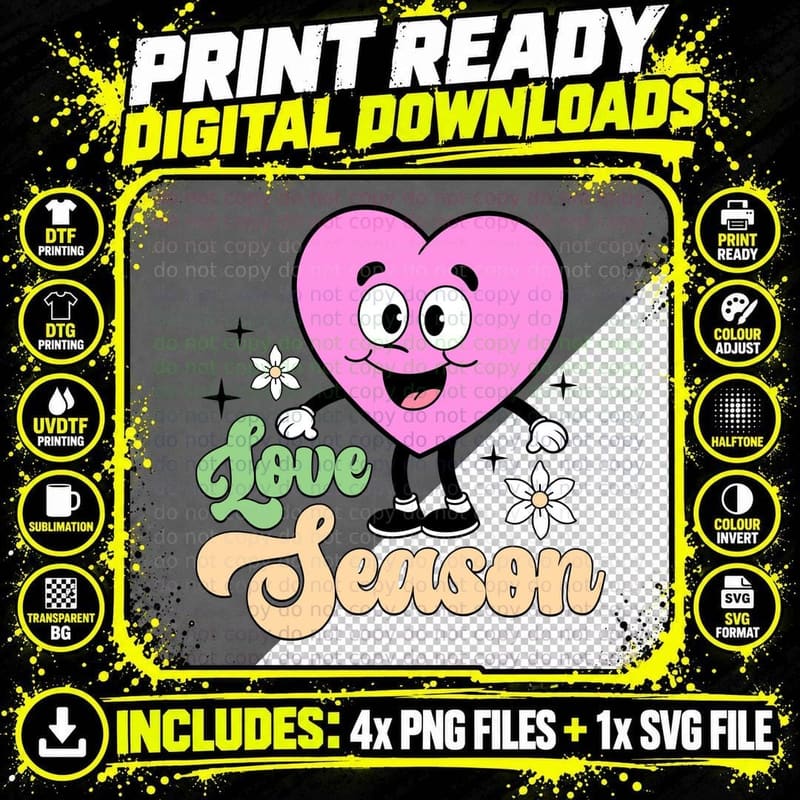 Happy Pink Heart Character with Flowers and Sparkles Png SVG Digital Bundle