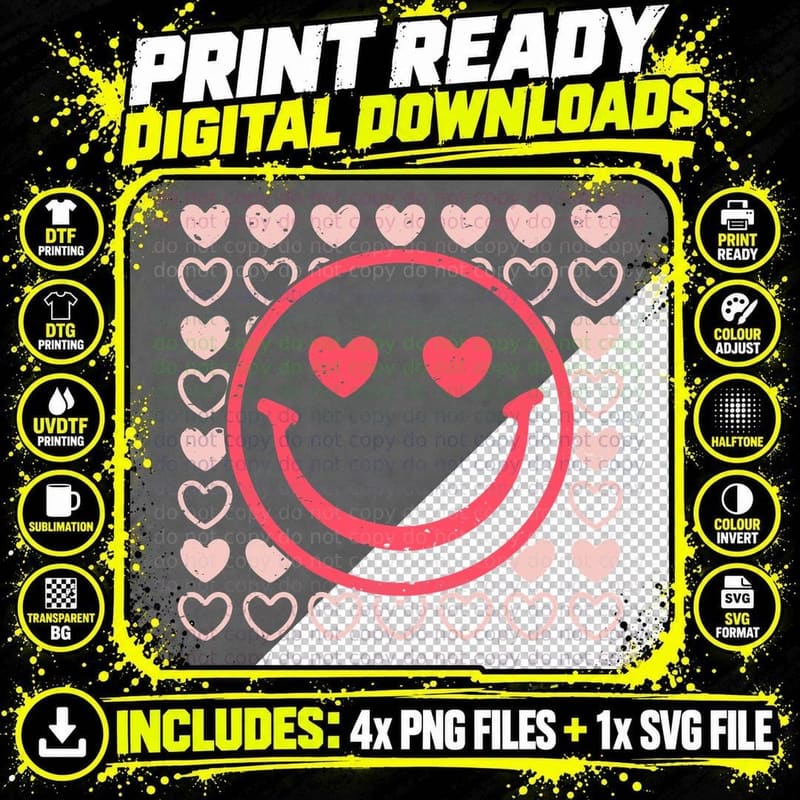 Happy Smiley Face with Hearts Heart Border Pattern Png SVG Digital Bundle