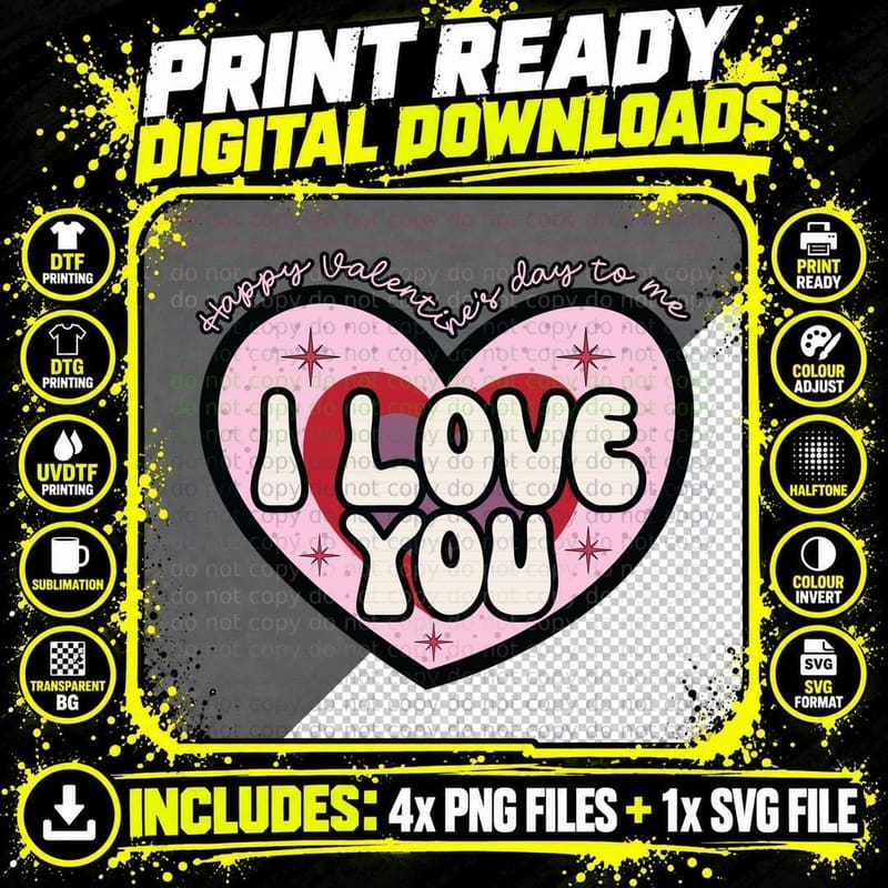 Happy Valentine Day to Me I Love You Black Heart Outline Png SVG Digital Bundle