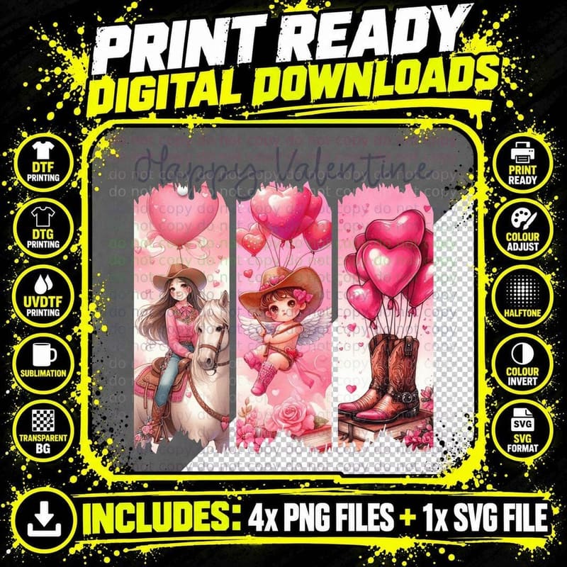 Happy Valentine Girl on Horse Boots Hearts Three Panel Png SVG Digital Bundle