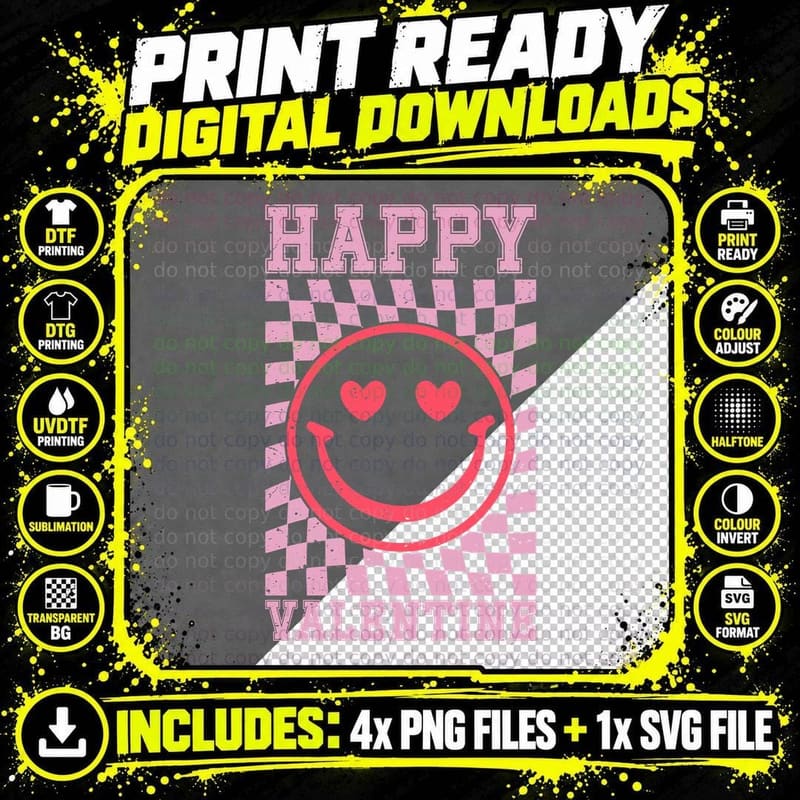 Happy Valentine Smiley Checkerboard Pattern Pink Letters Png SVG Digital Bundle