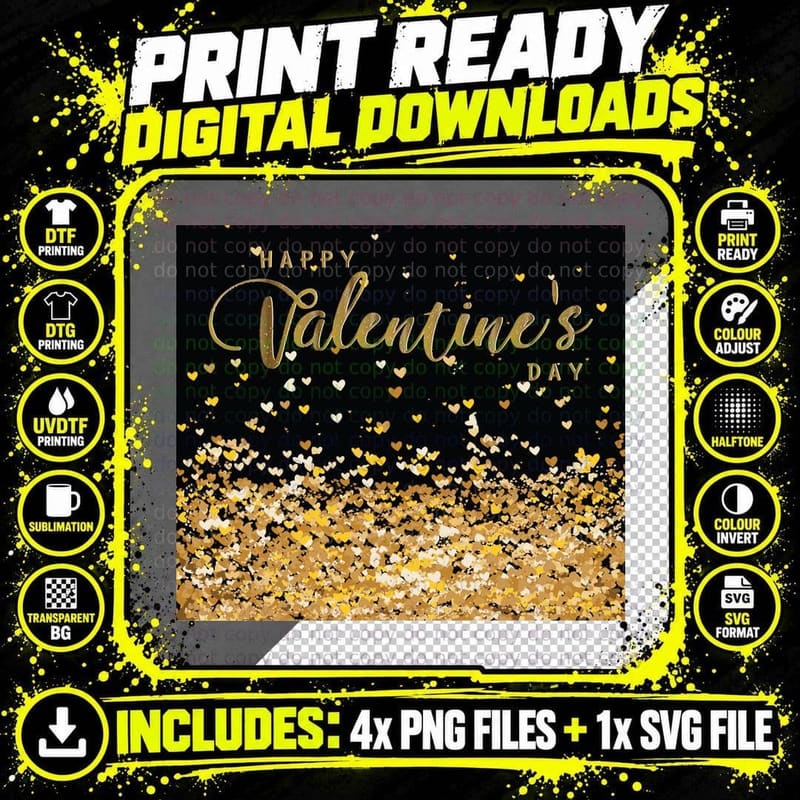 Happy Valentine's Day Gold Glitter Text Black Background Png SVG Digital Bundle