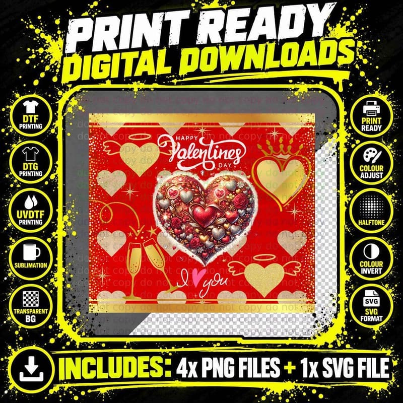 Happy Valentine's Day I Love You Red Gold Glitter Hearts Png SVG Digital Bundle