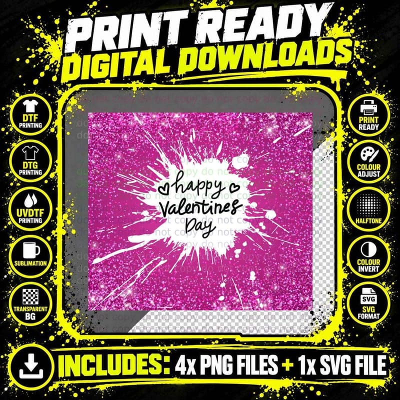 Happy Valentine's Day Magenta Glitter Splatter Hearts Png SVG Digital Bundle