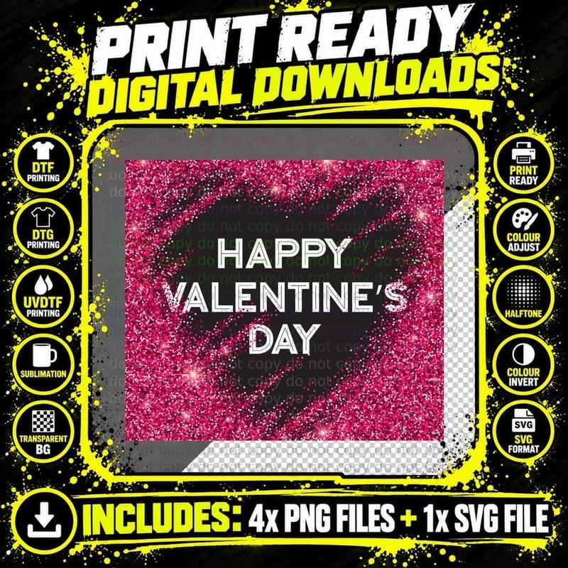 Happy Valentine's Day Pink Glitter Text Black Background Png SVG Digital Bundle