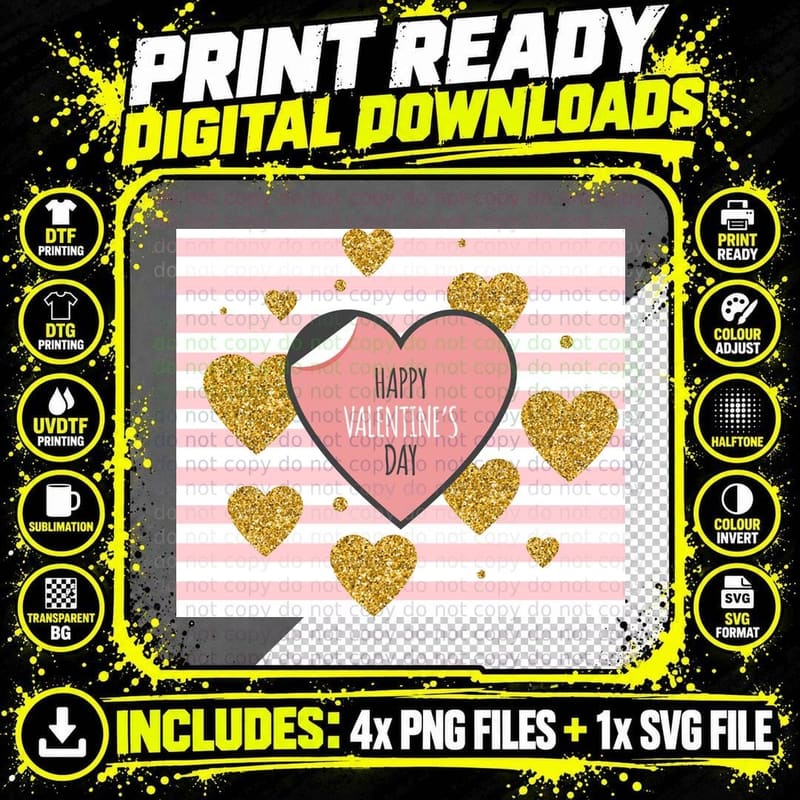 Happy Valentine's Day Pink Gold Glitter Striped Heart Png SVG Digital Bundle