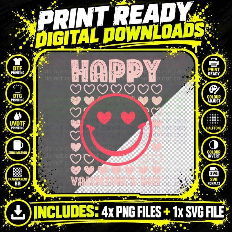 Happy Valentine's Day Pink Hearts Outline Decoration Png SVG Digital Bundle